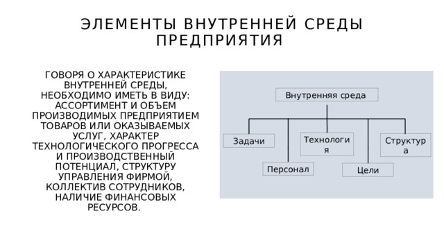 Элементы внутренней среды предприятия Говоря о характеристике внутренней среды, необходимо иметь в виду: ассортимент и объем производимых предприятием товаров или оказываемых услуг, характер технологического прогресса и производственный потенциал, структуру управления фирмой, коллектив сотрудников, наличие финансовых ресурсов. Внутренняя среда Технология Структура Задачи Персонал Цели 8 