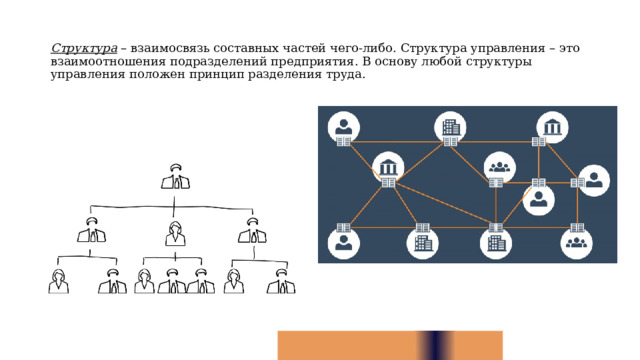 Структура – взаимосвязь составных частей чего-либо. Структура управления – это взаимоотношения подразделений предприятия. В основу любой структуры управления положен принцип разделения труда. 8 