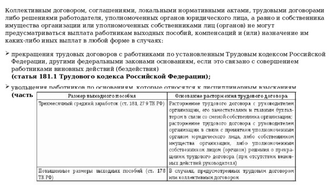 Коллективным договором, соглашениями, локальными нормативными актами, трудовыми договорами либо решениями работодателя, уполномоченных органов юридического лица, а равно и собственника имущества организации или уполномоченных собственниками лиц (органов) не могут предусматриваться выплата работникам выходных пособий, компенсаций и (или) назначение им каких-либо иных выплат в любой форме в случаях: прекращения трудовых договоров с работниками по установленным Трудовым кодексом Российской Федерации, другими федеральными законами основаниям, если это связано с совершением работниками виновных действий (бездействия)  (статья 181.1 Трудового кодекса Российской Федерации); увольнения работников по основаниям, которые относятся к дисциплинарным взысканиям  (часть 3 статьи 192 Трудового кодекса Российской Федерации). 