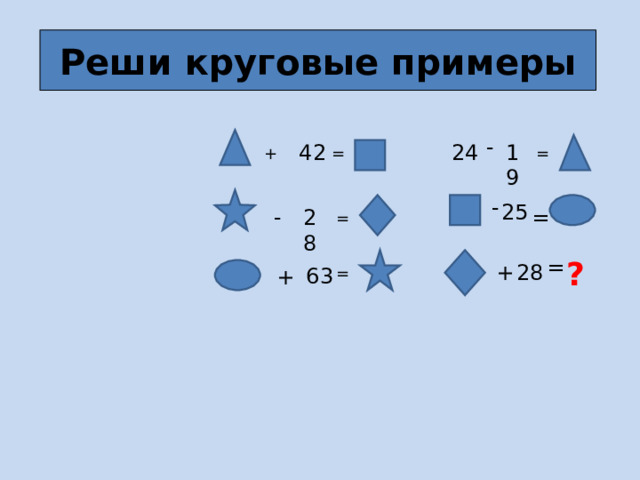 Реши круговые примеры - 42 19 24 + = = - 25 = 28 - = = ? + 28 63 = + 