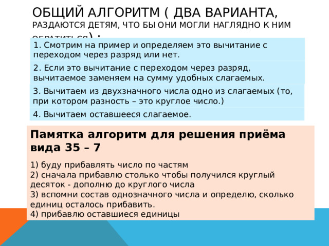Общий Алгоритм ( два варианта, раздаются детям, что бы они могли наглядно к ним обратиться ) : 1. Смотрим на пример и определяем это вычитание с переходом через разряд или нет. 2. Если это вычитание с переходом через разряд, вычитаемое заменяем на сумму удобных слагаемых. 3. Вычитаем из двухзначного числа одно из слагаемых (то, при котором разность – это круглое число.) 4. Вычитаем оставшееся слагаемое. Памятка алгоритм для решения приёма вида 35 – 7  1) буду прибавлять число по частям 2) сначала прибавлю столько чтобы получился круглый десяток - дополню до круглого числа 3) вспомни состав однозначного числа и определю, сколько единиц осталось прибавить. 4) прибавлю оставшиеся единицы 