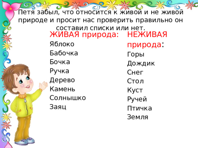 Петя забыл, что относится к живой и не живой природе и просит нас проверить правильно он составил списки или нет. ЖИВАЯ природа: Яблоко НЕЖИВАЯ природа : Бабочка Горы Бочка Дождик Снег Ручка Дерево Стол Камень Куст Ручей Солнышко Птичка Заяц Земля   