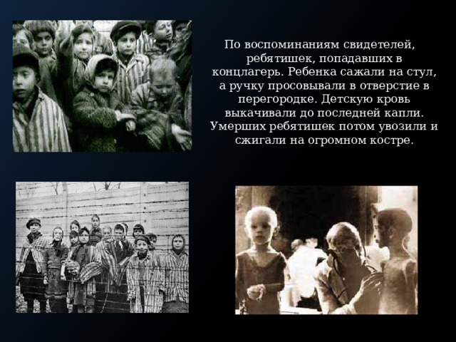 По воспоминаниям свидетелей, ребятишек, попадавших в концлагерь. Ребенка сажали на стул, а ручку просовывали в отверстие в перегородке. Детскую кровь выкачивали до последней капли. Умерших ребятишек потом увозили и сжигали на огромном костре. 