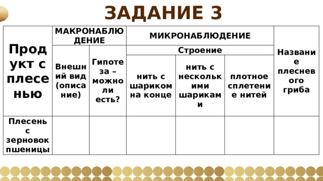 Задание 3 Продукт с плесенью МАКРОНАБЛЮДЕНИЕ Внешний вид (описание) Гипотеза – можно ли есть? МИКРОНАБЛЮДЕНИЕ Плесень с зерновок пшеницы Строение   нить с шариком на конце   Название плесневого гриба нить с несколькими шариками   плотное сплетение нитей       