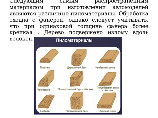 Следующим самым распространённым материалом при изготовлении автомоделей являются различные пиломатериалы. Обработка сходна с фанерой, однако следует учитывать, что при одинаковой толщине фанера более крепкая . Дерево подвержено излому вдоль волокон. 