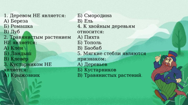 1. Деревом НЕ является: А) Береза Б) Смородина В) Ель Б) Ромашка В) Дуб 4. К хвойным деревьям относится: А) Пихта 2. Травянистым растением НЕ является: А) Клен Б) Тополь Б) Ландыш В) Баобаб В) Клевер 5. Мягкие стебли являются признаком: 3. Кустарником НЕ является: А) Деревьев А) Крыжовник Б) Кустарников В) Травянистых растений . 