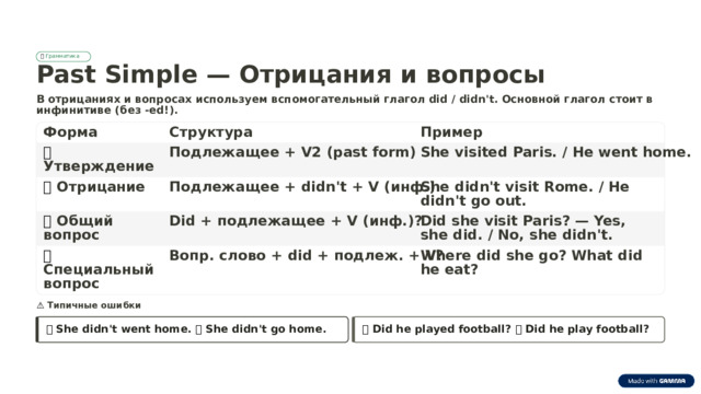 📐  Грамматика Past Simple — Отрицания и вопросы В отрицаниях и вопросах используем вспомогательный глагол did / didn't. Основной глагол стоит в инфинитиве (без -ed!). Форма Структура Пример ➕  Утверждение Подлежащее + V2 (past form) She visited Paris. / He went home. She didn't visit Rome. / He didn't go out. Подлежащее + didn't + V (инф.) ➖  Отрицание ❓  Общий вопрос Did + подлежащее + V (инф.)? Did she visit Paris? — Yes, she did. / No, she didn't. Where did she go? What did he eat? Вопр. слово + did + подлеж. + V? ❓  Специальный вопрос ⚠️  Типичные ошибки ❌  She didn't went home. ✅ She didn't go home. ❌  Did he played football? ✅ Did he play football?  