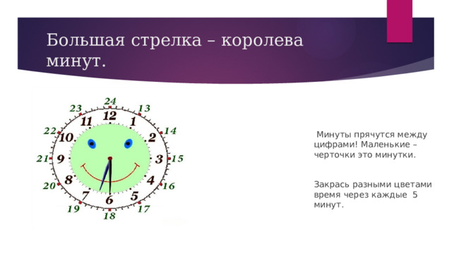 Большая стрелка – королева минут.  Минуты прячутся между цифрами! Маленькие – черточки это минутки. Закрась разными цветами время через каждые 5 минут. 