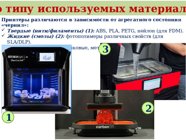 По типу используемых материалов Принтеры различаются в зависимости от агрегатного состояния «чернил»: Твердые (нити/филаменты) (1): ABS, PLA, PETG, нейлон (для FDM). Жидкие (смолы) (2): фотополимеры различных свойств (для SLA/DLP). Порошковые (3): пластиковые, металлические, керамические порошки (для SLS/SLM). 3 2 1 