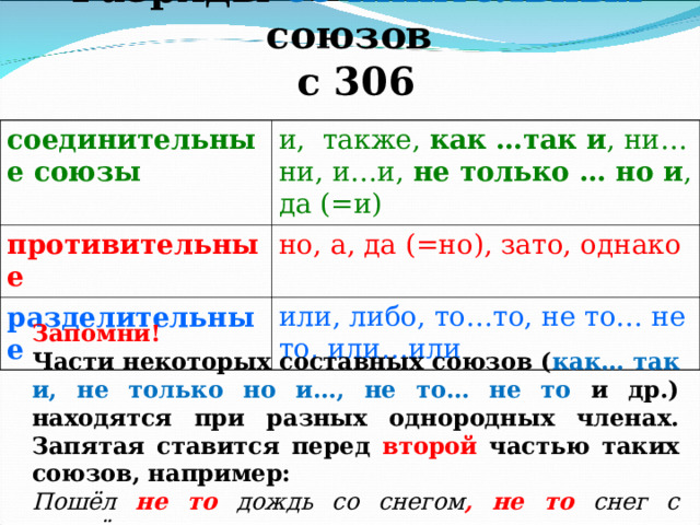 Разряды сочинительных союзов  с 306 соединительные союзы и, также, как …так и , ни…ни, и…и, не только … но и , да (=и) противительные но, а, да (=но), зато, однако разделительные или, либо, то…то, не то… не то, или…или Запомни! Части некоторых составных союзов ( как… так и, не только но и…, не то… не то и др.) находятся при разных однородных членах. Запятая ставится перед второй частью таких союзов, например: Пошёл не то дождь со снегом ,  не то снег с дождём. 