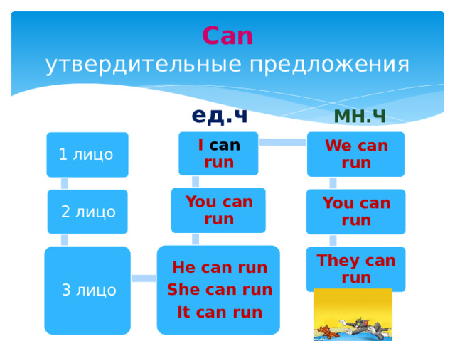 Can  утвердительные предложения ед.ч Мн.ч I can run We can run 1 лицо You can run You can run 2 лицо He can run She can run It can run 3 лицо They can run 