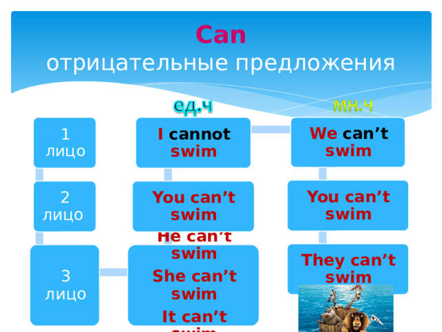 Can  отрицательные предложения 1 лицо I cannot swim We can’t swim You can’t swim 2 лицо You can’t swim They can’t swim 3 лицо He can’t swim She can’t swim It can’t swim 