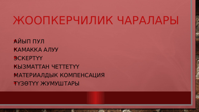 Жоопкерчилик чаралары Айып пул Камакка алуу Эскертүү Кызматтан четтетүү Материалдык компенсация Түзөтүү жумуштары 