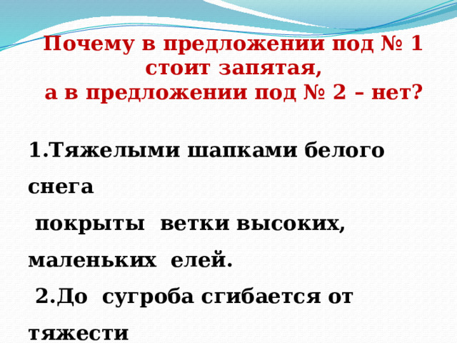 Почему в предложении под № 1  стоит запятая, а в предложении под № 2 – нет?  1.Тяжелыми шапками белого снега  покрыты ветки высоких, маленьких елей.  2.До сугроба сгибается от тяжести  снега еловая зеленая ветка. 