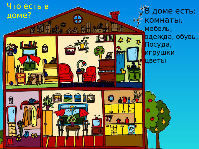 Что есть в доме? В доме есть: комнаты, мебель, одежда, обувь, Посуда, игрушки цветы 