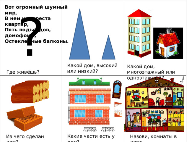 ? Вот огромный шумный мир, В нем четыреста квартир, Пять подъездов, домофоны, Остекленные балконы. Какой дом, высокий или низкий? Какой дом, многоэтажный или одноэтажный? Где живёшь? Какие части есть у дом? Из чего сделан дом? Назови, комнаты в доме  