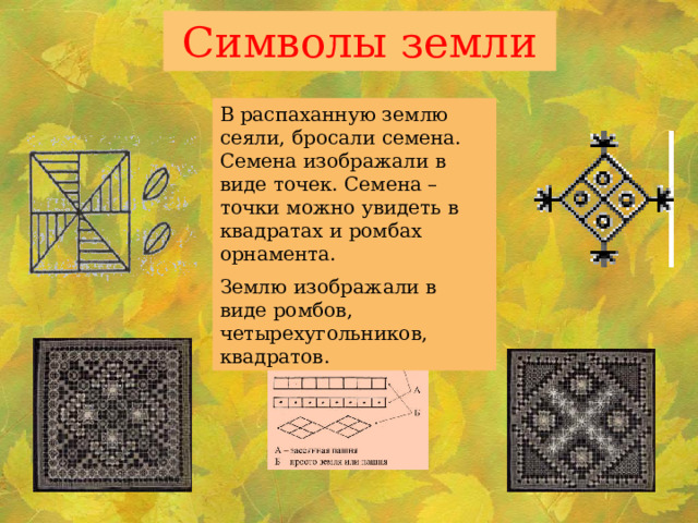 Символы земли В распаханную землю сеяли, бросали семена. Семена изображали в виде точек. Семена – точки можно увидеть в квадратах и ромбах орнамента. Землю изображали в виде ромбов, четырехугольников, квадратов. 