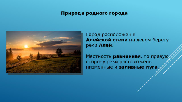 Природа родного города Город расположен в Алейской степи  на левом берегу реки  Алей . Местность равнинная , по правую сторону реки расположены низменные и  заливные луга .  