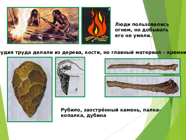 Люди пользовались огнем, но добывать его не умели. Орудия труда делали из дерева, кости, но главный материал – кремний. Рубило, заострённый камень, палка-копалка, дубина 