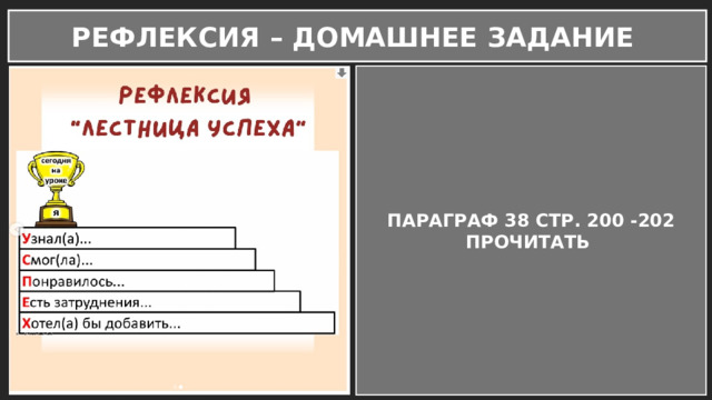 РЕФЛЕКСИЯ – ДОМАШНЕЕ ЗАДАНИЕ ПАРАГРАФ 38 СТР. 200 -202 ПРОЧИТАТЬ 