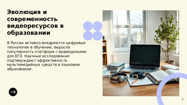 Эволюция и современность видеоресурсов в образовании  В России активно внедряются цифровые технологии в обучение, выросла популярность платформ с видеоуроками для ЕГЭ. Научные исследования подтверждают эффективность мультимедийных средств в языковом образовании. 2  