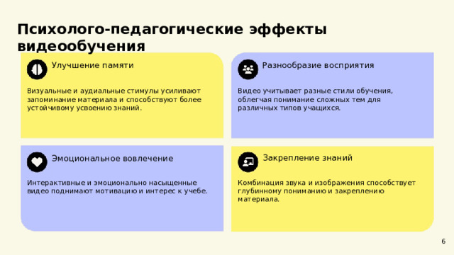 Психолого-педагогические эффекты видеообучения  Улучшение памяти Разнообразие восприятия Визуальные и аудиальные стимулы усиливают запоминание материала и способствуют более устойчивому усвоению знаний. Видео учитывает разные стили обучения, облегчая понимание сложных тем для различных типов учащихся. Закрепление знаний Эмоциональное вовлечение Комбинация звука и изображения способствует глубинному пониманию и закреплению материала. Интерактивные и эмоционально насыщенные видео поднимают мотивацию и интерес к учебе. 6  