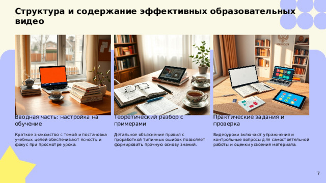 Структура и содержание эффективных образовательных видео  Вводная часть: настройка на обучение Практические задания и проверка Теоретический разбор с примерами Детальное объяснение правил с проработкой типичных ошибок позволяет формировать прочную основу знаний. Видеоуроки включают упражнения и контрольные вопросы для самостоятельной работы и оценки усвоения материала. Краткое знакомство с темой и постановка учебных целей обеспечивают ясность и фокус при просмотре урока. 7  