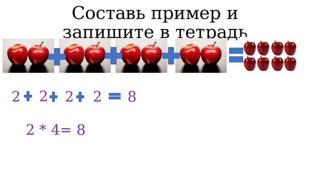 Составь пример и запишите в тетрадь 2 2 2 2 8 2 * 4= 8 