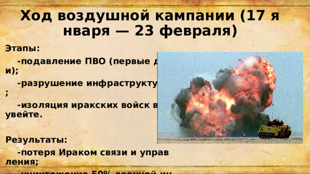 Ход воздушной кампании (17 января — 23 февраля) Этапы:  -подавление ПВО (первые дни);  -разрушение инфраструктуры;  -изоляция иракских войск в Кувейте.  Результаты:  -потеря Ираком связи и управления;  -уничтожение 50% военной инфраструктуры. 