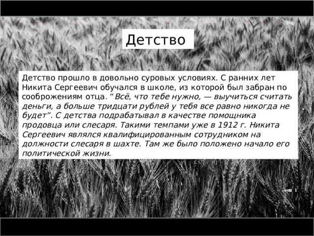 Детство Детство прошло в довольно суровых условиях. С ранних лет Никита Сергеевич обучался в школе, из которой был забран по сооброжениям отца . “ Всё, что тебе нужно, — выучиться считать деньги, а больше тридцати рублей у тебя все равно никогда не будет” . С детства подрабатывал в качестве помощника продовца или слесаря. Такими темпами уже в 1912 г. Никита Сергеевич являлся квалифицированным сотрудником на должности слесаря в шахте. Там же было положено начало его политической жизни. 