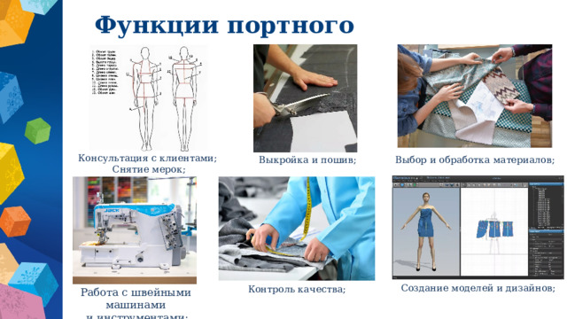 Функции портного Консультация с клиентами; Снятие мерок; Выкройка и пошив; Выбор и обработка материалов; Создание моделей и дизайнов; Контроль качества; Работа с швейными машинами  и инструментами; 
