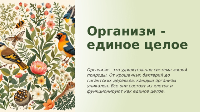  Организм - единое целое Организм - это удивительная система живой природы. От крошечных бактерий до гигантских деревьев, каждый организм уникален. Все они состоят из клеток и функционируют как единое целое. 