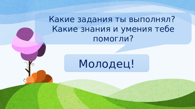 Какие задания ты выполнял? Какие знания и умения тебе помогли? Молодец! 