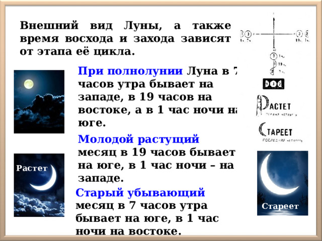 Внешний вид Луны, а также время восхода и захода зависят от этапа её цикла. При полнолунии Луна в 7 часов утра бывает на западе, в 19 часов на востоке, а в 1 час ночи на юге. Молодой растущий месяц в 19 часов бывает на юге, в 1 час ночи – на западе. Растет Старый убывающий месяц в 7 часов утра бывает на юге, в 1 час ночи на востоке. Стареет 