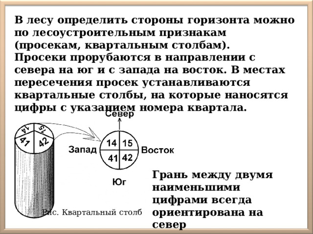 В лесу определить стороны горизонта можно по лесоустроительным признакам (просекам, квартальным столбам).  Просеки прорубаются в направлении с севера на юг и с запада на восток. В местах пересечения просек устанавливаются квартальные столбы, на которые наносятся цифры с указанием номера квартала.  Грань между двумя наименьшими цифрами всегда ориентирована на север Рис. Квартальный столб 