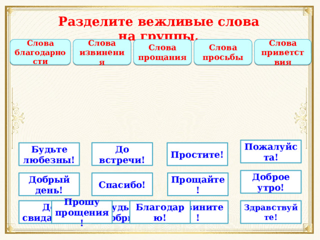 Разделите вежливые слова на группы. Слова благодарности Слова приветствия Слова извинения Слова прощания Слова просьбы Пожалуйста! До встречи! Простите! Будьте любезны! Доброе утро! Добрый день! Спасибо! Прощайте! Благодарю! Здравствуйте! Извините! До свидания! Будьте добры! Прошу прощения! 