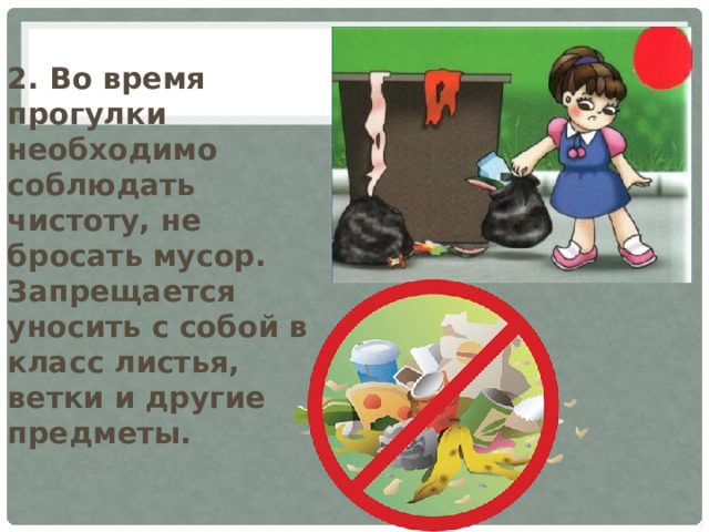 2. Во время прогулки необходимо соблюдать чистоту, не бросать мусор. Запрещается уносить с собой в класс листья, ветки и другие предметы. 