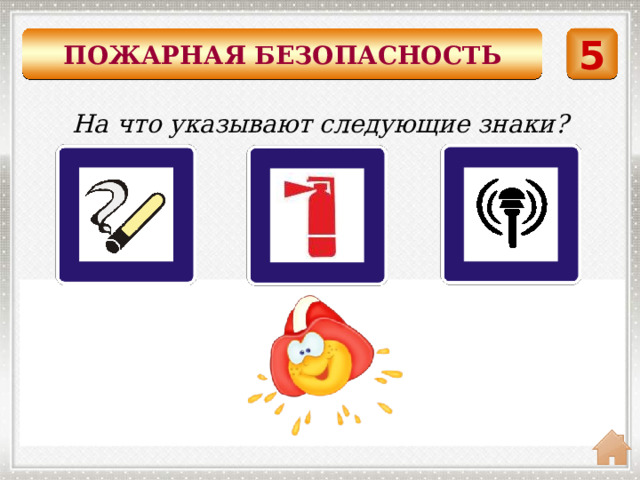 5 ПОЖАРНАЯ БЕЗОПАСНОСТЬ На что указывают следующие знаки?    Место Пункт Огне - извещения тушитель для курения о пожаре    
