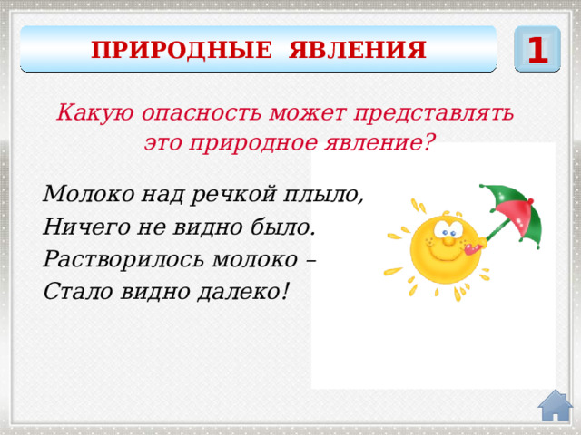 ПРИРОДНЫЕ ЯВЛЕНИЯ 1 Какую опасность может представлять это природное явление? Молоко над речкой плыло, Ничего не видно было. Растворилось молоко – Стало видно далеко! ТУМАН 
