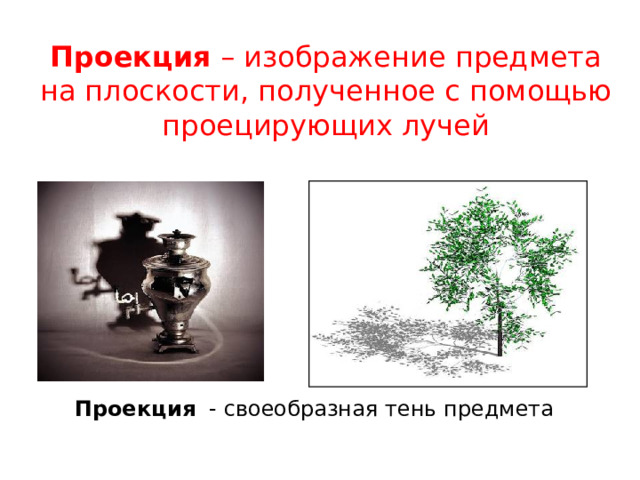 Проекция – изображение предмета на плоскости, полученное с помощью проецирующих лучей Проекция - своеобразная тень предмета  