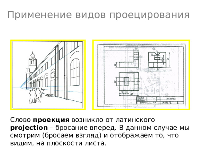 Применение видов проецирования Слово проекция возникло от латинского projection – бросание вперед. В данном случае мы смотрим (бросаем взгляд) и отображаем то, что видим, на плоскости листа. 