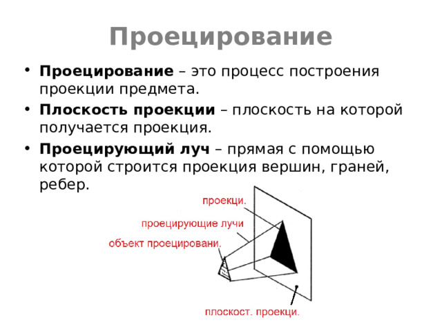 Проецирование Проецирование – это процесс построения проекции предмета. Плоскость проекции – плоскость на которой получается проекция. Проецирующий луч – прямая с помощью которой строится проекция вершин, граней, ребер. 