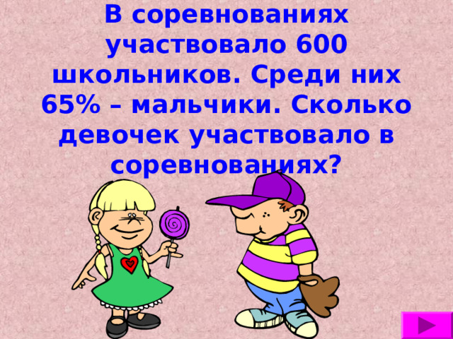 В соревнованиях участвовало 600 школьников. Среди них 65% – мальчики. Сколько девочек участвовало в соревнованиях? 