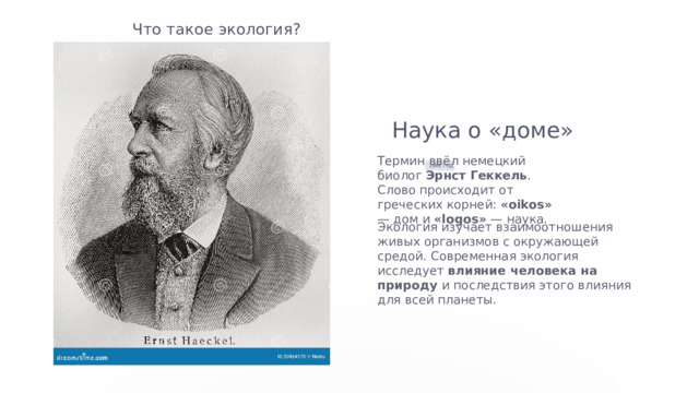  Что такое экология? Наука о «доме» Термин ввёл немецкий биолог Эрнст Геккель . Слово происходит от греческих корней: «oikos» — дом и «logos» — наука. 1866 ГОД Экология изучает взаимоотношения живых организмов с окружающей средой. Современная экология исследует влияние человека на природу и последствия этого влияния для всей планеты. 