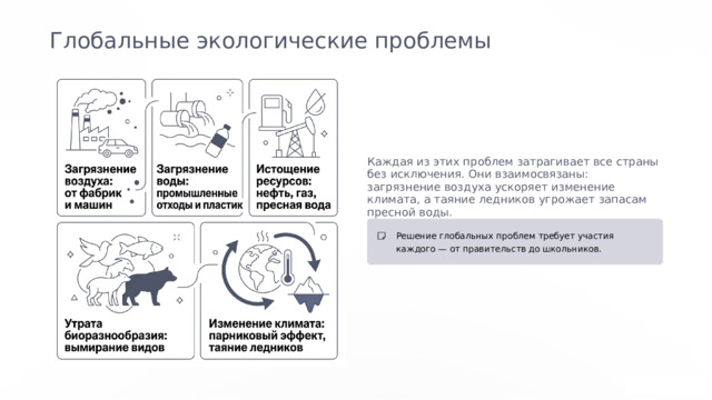  Глобальные экологические проблемы Каждая из этих проблем затрагивает все страны без исключения. Они взаимосвязаны: загрязнение воздуха ускоряет изменение климата, а таяние ледников угрожает запасам пресной воды. Решение глобальных проблем требует участия каждого — от правительств до школьников. 