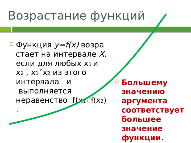 Возрастание функций Функция  y=f(x)  возрастает на интервале  X , если для любых х 1 и х 2 , х 1 ˃х 2 из этого интервала   и   выполняется неравенство  f(х 1) ˃ f( х 2 )  . Большему значению аргумента соответствует большее значение функции. 