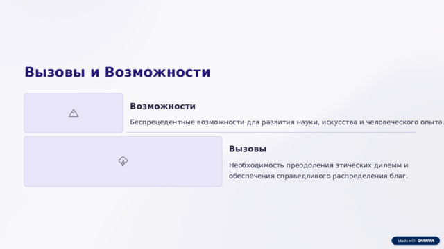 Вызовы и Возможности Возможности Беспрецедентные возможности для развития науки, искусства и человеческого опыта. Вызовы Необходимость преодоления этических дилемм и обеспечения справедливого распределения благ.  
