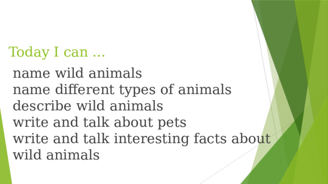 Today I can …   name wild animals  name different types of animals  describe wild animals  write and talk about pets  write and talk interesting facts about wild animals   