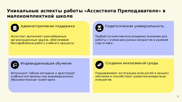  Уникальные аспекты работы «Ассистента Преподавателя» в малокомплектной школе  Административная поддержка Педагогическая универсальность Ассистент выполняет разнообразные организационные задачи, обеспечивая бесперебойную работу учебного процесса. Требуется комплексное владение знаниями для работы с учениками разных возрастов и уровней подготовки. Создание инклюзивной среды Индивидуализация обучения Использует гибкие методики и адаптирует учебные материалы под индивидуальные образовательные траектории. Поддерживает интеграцию всех детей в процесс обучения и способствует развитию внеурочных инициатив. 7 