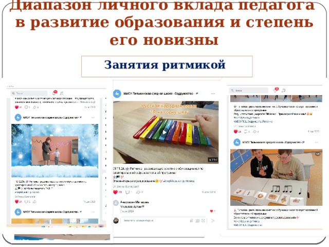 Диапазон личного вклада педагога  в развитие образования и степень его новизны Занятия ритмикой Уроки музыки Школьный хор Школьные концерты 